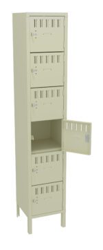 Tall beige metal locker with multiple compartments. Four lockers are closed, and the fifth one from the top is open, revealing an empty interior. The locker stands on four short legs.