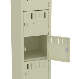 Tall beige metal locker with multiple compartments. Four lockers are closed, and the fifth one from the top is open, revealing an empty interior. The locker stands on four short legs.