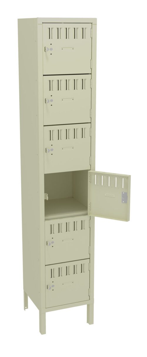 Tall beige metal locker with multiple compartments. Four lockers are closed, and the fifth one from the top is open, revealing an empty interior. The locker stands on four short legs.
