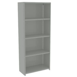 Gray metal shelving unit with five adjustable shelves. The shelves have perforated sides and a minimalist design, suitable for storage or organizational purposes in an office, garage, or home setting.