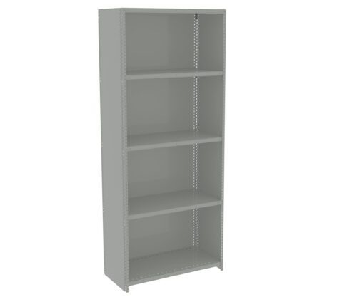 iehxxp93sqeyolrmzchw.jpg Gray metal shelving unit with five adjustable shelves. The shelves have perforated sides and a minimalist design, suitable for storage or organizational purposes in an office, garage, or home setting.