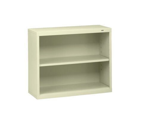 A beige, two-shelf bookcase with a simple and modern design. The bookcase has an open front and adjustable shelving, set against a plain white background.