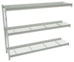 A metal storage rack with three grid-style wire shelves. The structure is mounted on a vertical frame, designed for organizing or storing items in a garage or warehouse setting. The shelves appear sturdy and evenly spaced.