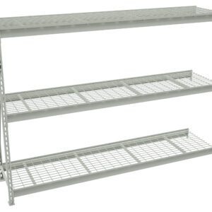 A metal storage rack with three grid-style wire shelves. The structure is mounted on a vertical frame, designed for organizing or storing items in a garage or warehouse setting. The shelves appear sturdy and evenly spaced.
