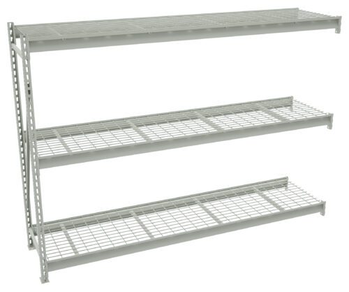 A metal storage rack with three grid-style wire shelves. The structure is mounted on a vertical frame, designed for organizing or storing items in a garage or warehouse setting. The shelves appear sturdy and evenly spaced.