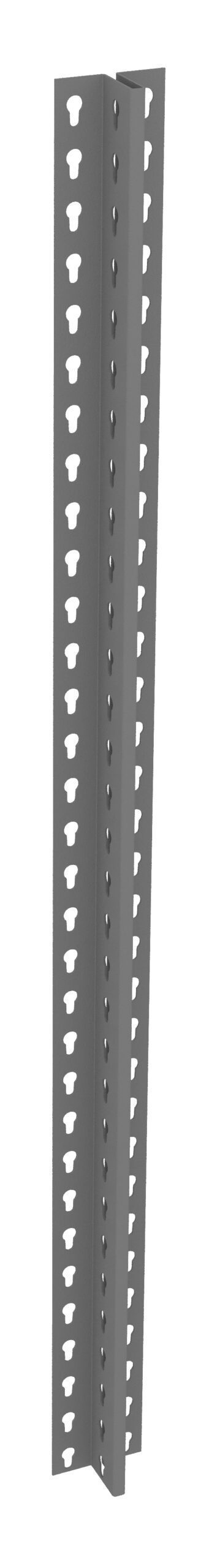 iepd0qmvdyslgytdpntl.jpg A long, vertical metal bracket with rows of evenly spaced holes along both sides, designed for adjustable shelving or structural support. The bracket has a right-angle shape and a gray finish.