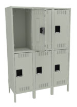 A gray metal locker system featuring two rows of three lockers each. One locker door on the top row is open, revealing an empty compartment inside. Each locker door has a black handle and ventilation slots.