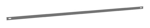 A long, narrow, rectangular metal bar with holes at each end on a white background.