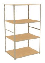 A beige metal shelving unit with four rectangular particleboard shelves. The unit is empty and seen from a slight angle, showcasing its height and depth. The shelves are evenly spaced and supported by perforated metal frames.