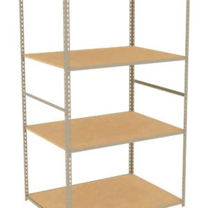 A beige metal shelving unit with four rectangular particleboard shelves. The unit is empty and seen from a slight angle, showcasing its height and depth. The shelves are evenly spaced and supported by perforated metal frames.