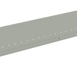 A long, gray metal shelf with multiple small holes along its surface, viewed from a slightly diagonal angle. The shelf is plain and has no visible objects on it.