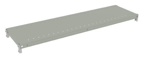 A long, gray metal shelf with multiple small holes along its surface, viewed from a slightly diagonal angle. The shelf is plain and has no visible objects on it.