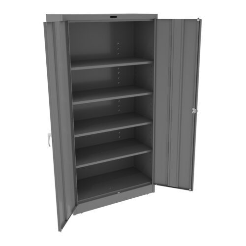 if80dp6ueeq6axovcpfc.jpg A tall, gray metal storage cabinet with its doors open, revealing five empty shelves. The cabinet has a sturdy, industrial design with vertical grooves on the doors and a handle on each side.