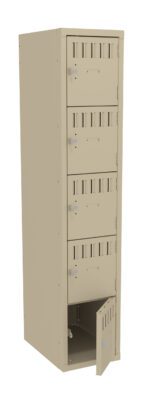 A beige metal locker with five compartments. Each compartment has a lock and vents. The bottom-most door is open, revealing the empty interior. The locker is photographed against a plain white background.