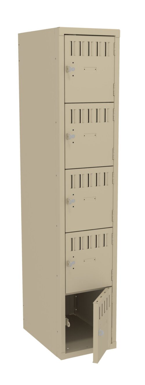 A beige metal locker with five compartments. Each compartment has a lock and vents. The bottom-most door is open, revealing the empty interior. The locker is photographed against a plain white background.