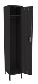A tall, black metal locker with one open door, revealing an empty interior with a clothing rod and a single shelf at the bottom. The locker has a lock mechanism on the door.