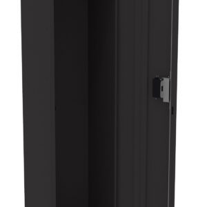 A tall, black metal locker with one open door, revealing an empty interior with a clothing rod and a single shelf at the bottom. The locker has a lock mechanism on the door.