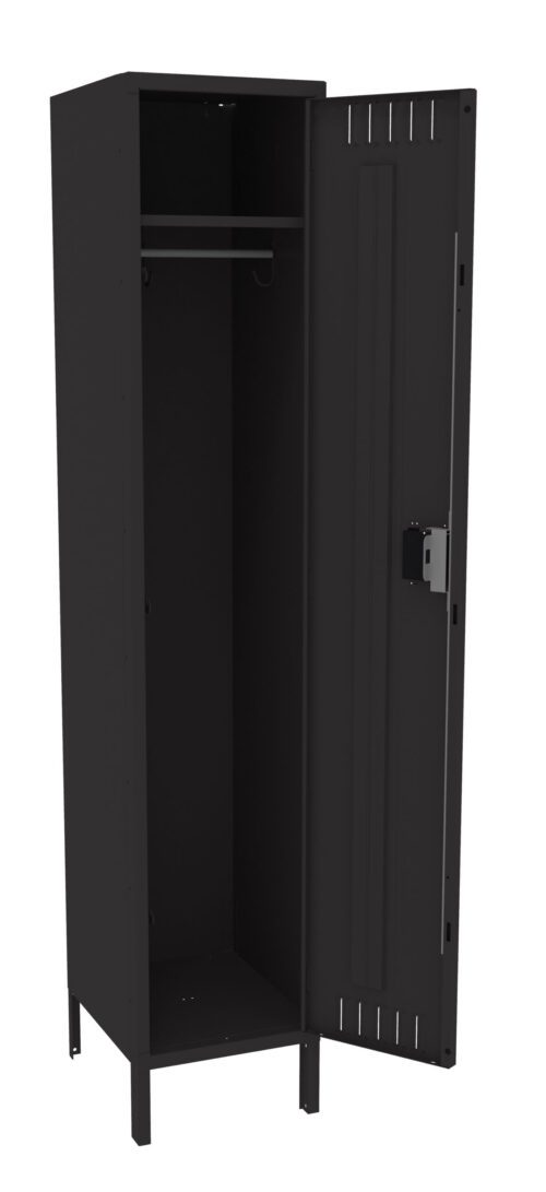 A tall, black metal locker with one open door, revealing an empty interior with a clothing rod and a single shelf at the bottom. The locker has a lock mechanism on the door.