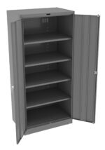 A gray metal storage cabinet with both doors open, revealing five empty shelves inside. The cabinet has a simple, industrial design.