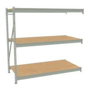 A three-tiered industrial metal shelving unit with wooden shelves, shown against a plain white background. The shelf supports are a light gray color, and the wooden surfaces are a natural brown shade.