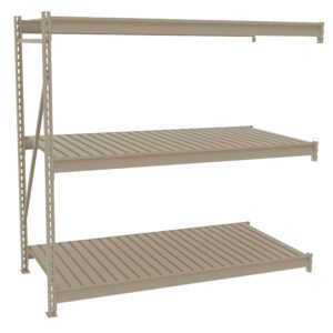 Metal shelving unit with three beige slatted shelves. The structure is supported by vertical beams and appears industrial, suitable for storage or organizational purposes. The shelves are evenly spaced and attached to a freestanding frame.