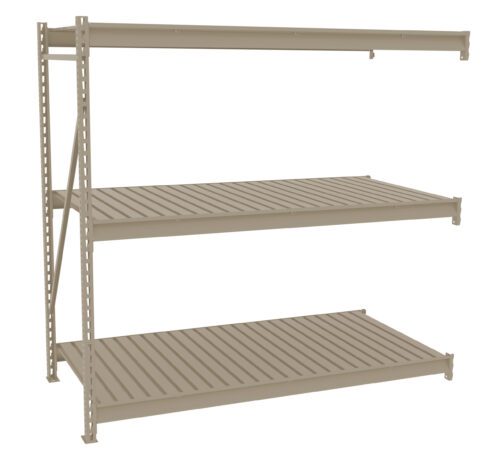 Metal shelving unit with three beige slatted shelves. The structure is supported by vertical beams and appears industrial, suitable for storage or organizational purposes. The shelves are evenly spaced and attached to a freestanding frame.