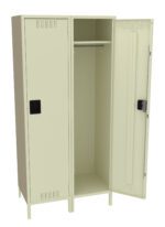 An open beige metal locker with two doors. The left door is closed, while the right door is open, revealing an empty interior with a clothes rod and a shelf. The locker features black handles and a vented design.