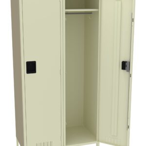 An open beige metal locker with two doors. The left door is closed, while the right door is open, revealing an empty interior with a clothes rod and a shelf. The locker features black handles and a vented design.