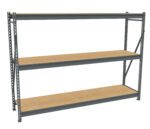 A metal shelving unit with three wooden shelves, supported by gray metal frames. The structure is simple and industrial, suitable for storage in garages or warehouses. The shelves are evenly spaced and empty.