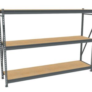 A metal shelving unit with three wooden shelves, supported by gray metal frames. The structure is simple and industrial, suitable for storage in garages or warehouses. The shelves are evenly spaced and empty.