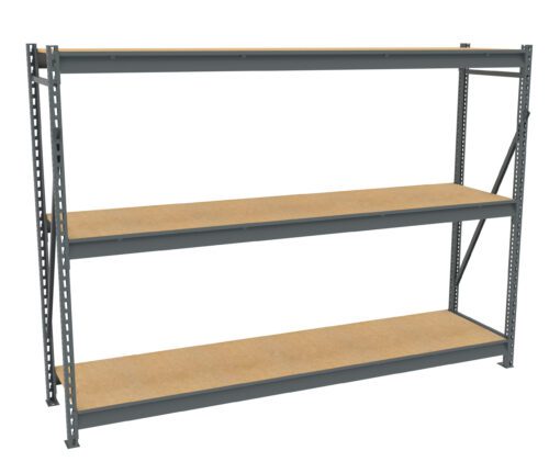 A metal shelving unit with three wooden shelves, supported by gray metal frames. The structure is simple and industrial, suitable for storage in garages or warehouses. The shelves are evenly spaced and empty.