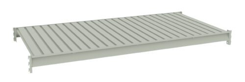 A rectangular, light gray metal panel with evenly spaced vertical slats and bracketed edges, designed for structural use or shelving. The panel is shown at an angle against a white background.