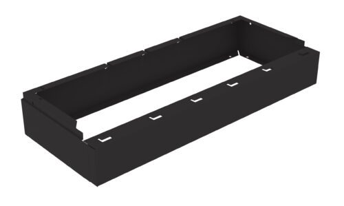 Black rectangular frame with open top and bottom, featuring small cutouts along the sides. It appears to be a component or casing, possibly for housing electronics or other objects.