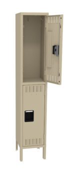 A beige metal locker stands upright with its top door open and bottom door closed. The open top section reveals an empty compartment. The locker has ventilation slots and a rectangular label holder on the closed bottom door.