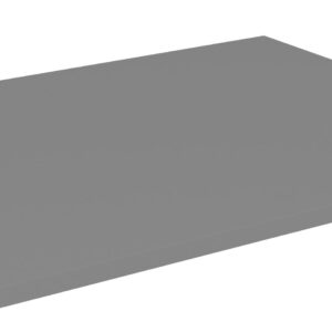 A flat, rectangular, gray shelf with a smooth surface, viewed from an angle, showcasing its thickness and clean edges.