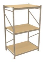 A beige and gray three-tier metal shelving unit with adjustable shelves is empty. The frame is constructed from perforated metal beams, supporting the shelves. The unit is isolated on a white background.