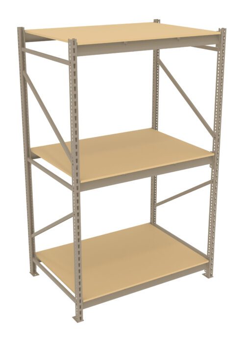 A beige and gray three-tier metal shelving unit with adjustable shelves is empty. The frame is constructed from perforated metal beams, supporting the shelves. The unit is isolated on a white background.