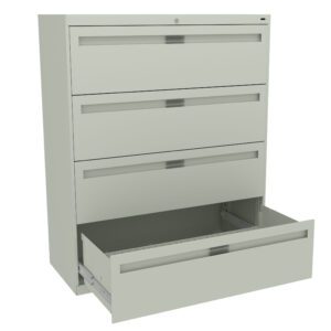 A light gray, four-drawer file cabinet with a modern design. The bottom drawer is open, showing its spacious interior for storage. The cabinet has a smooth finish and minimalist handles on each drawer.