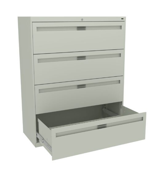 A light gray, four-drawer file cabinet with a modern design. The bottom drawer is open, showing its spacious interior for storage. The cabinet has a smooth finish and minimalist handles on each drawer.