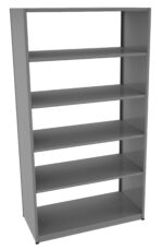 A tall, gray, five-shelf metal bookcase with an open design, standing against a plain white background. The shelves appear evenly spaced, providing ample storage space for books or other items.