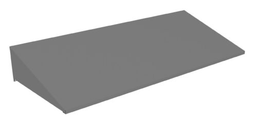 A simple 3D illustration of a gray, rectangular metal awning with a slanted design, viewed from an angle. The awnings minimalist style and solid color give a modern look.