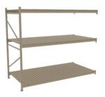A beige, three-tier metal shelving unit with slatted shelves and a sturdy frame. Suitable for storage and organizing items, it features vertical supports on both sides. The shelves are evenly spaced.