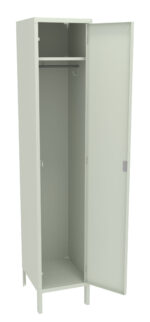 White metal locker with one open door, revealing an empty interior. Inside, there is a horizontal shelf near the top and a single metal hook below it. The locker stands on short legs.