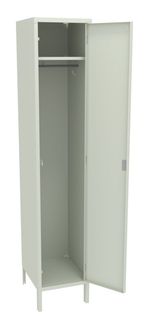White metal locker with one open door, revealing an empty interior. Inside, there is a horizontal shelf near the top and a single metal hook below it. The locker stands on short legs.