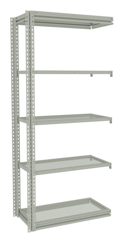 A metal shelving unit with five tiers and adjustable perforated shelves. The frame is light gray, featuring a minimalist and industrial design. The unit is empty and stands against a white background.