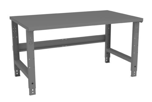 ihldlvnpdmeilnfz4tr4.jpg A gray metal workbench with adjustable legs and a flat rectangular surface. The frame is sturdy, featuring numerous holes and slots for customization or assembly purposes.