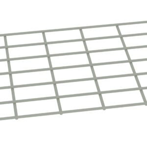 An angled view of a rectangular metal grid with evenly spaced square openings. The grid is placed on a white background, showcasing its simple, symmetrical design and light grey color.