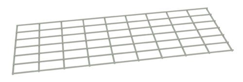 An angled view of a rectangular metal grid with evenly spaced square openings. The grid is placed on a white background, showcasing its simple, symmetrical design and light grey color.
