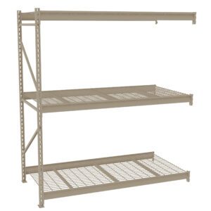A beige metal shelving unit with three wire mesh shelves. The shelving structure is open on all sides and is designed for storage. It has a simple, industrial design and is set against a plain white background.