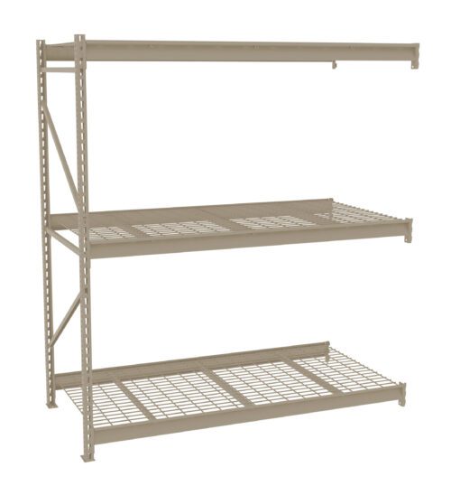 ihsu5bvnrz8m7qdt5uck.jpg A beige metal shelving unit with three wire mesh shelves. The shelving structure is open on all sides and is designed for storage. It has a simple, industrial design and is set against a plain white background.